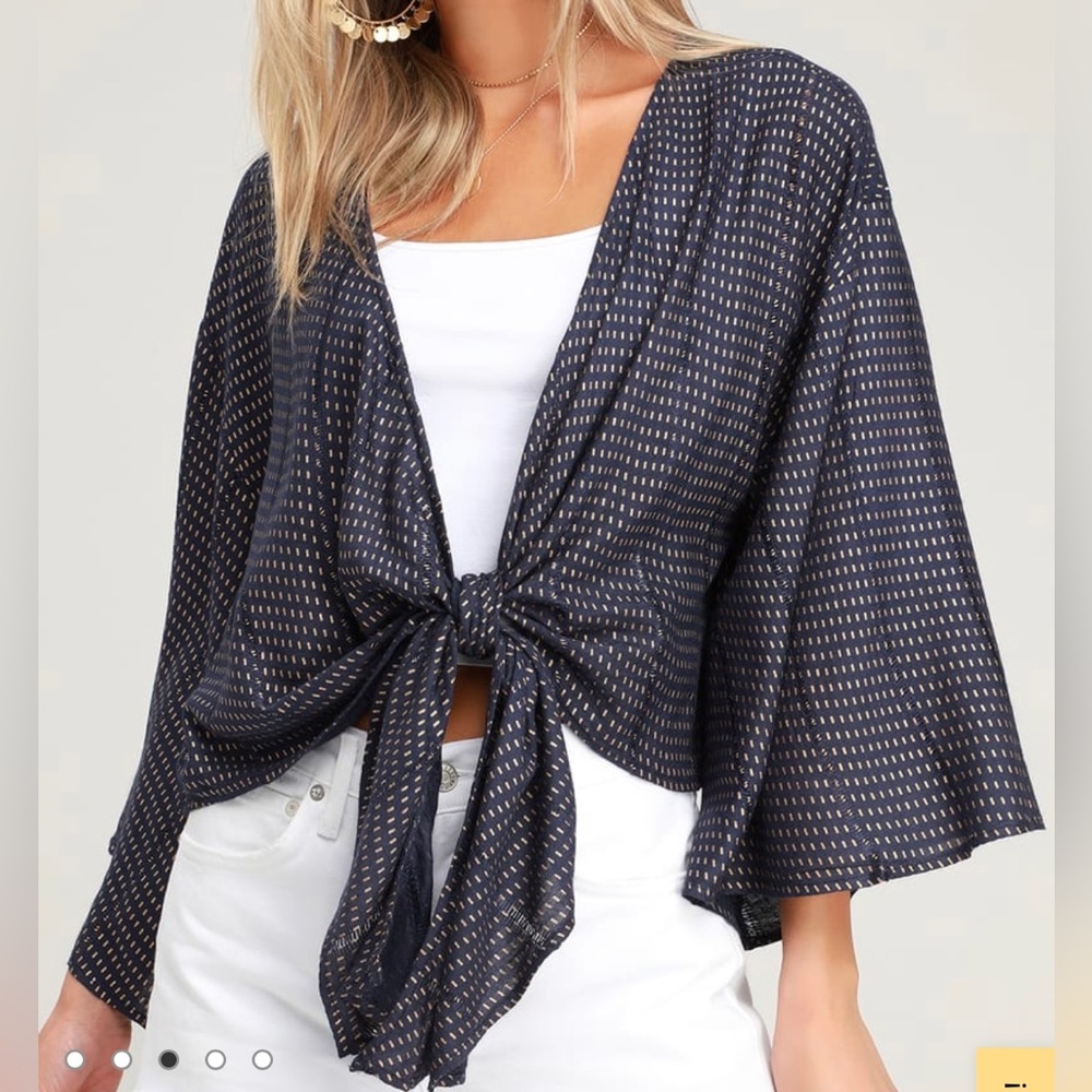 Lulus Undeniable Navy Blue and Gold Print Tie-Front Top.  Size: S